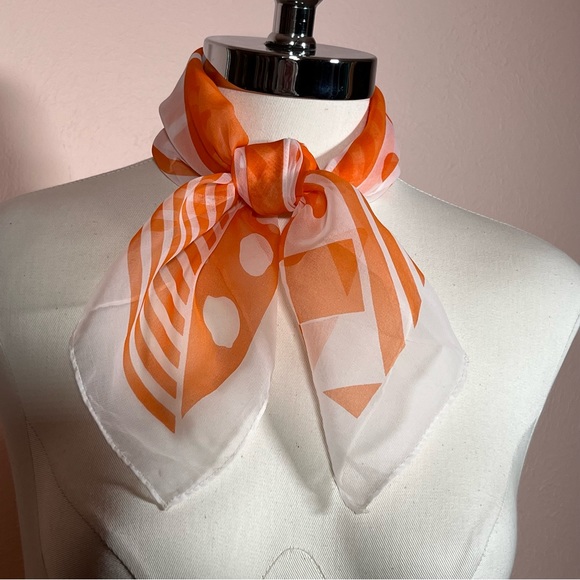 Vintage 60 70 Mod Geometric Orange White Semi Sheer Neck Scarf - Picture 9 of 17